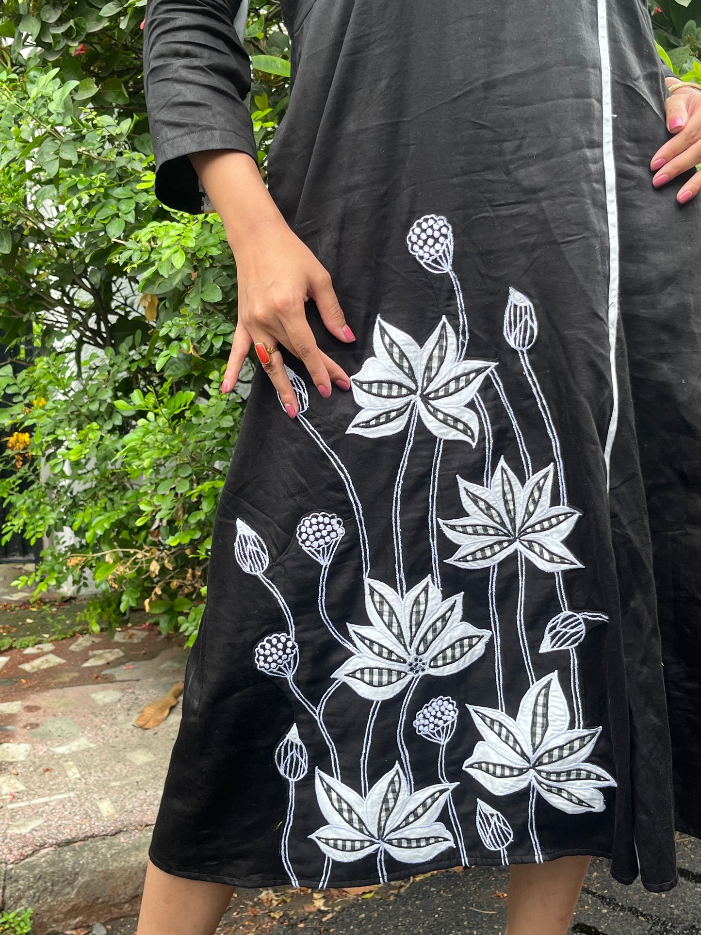 Pure cotton lapel  embroidered shirt dress BLACK