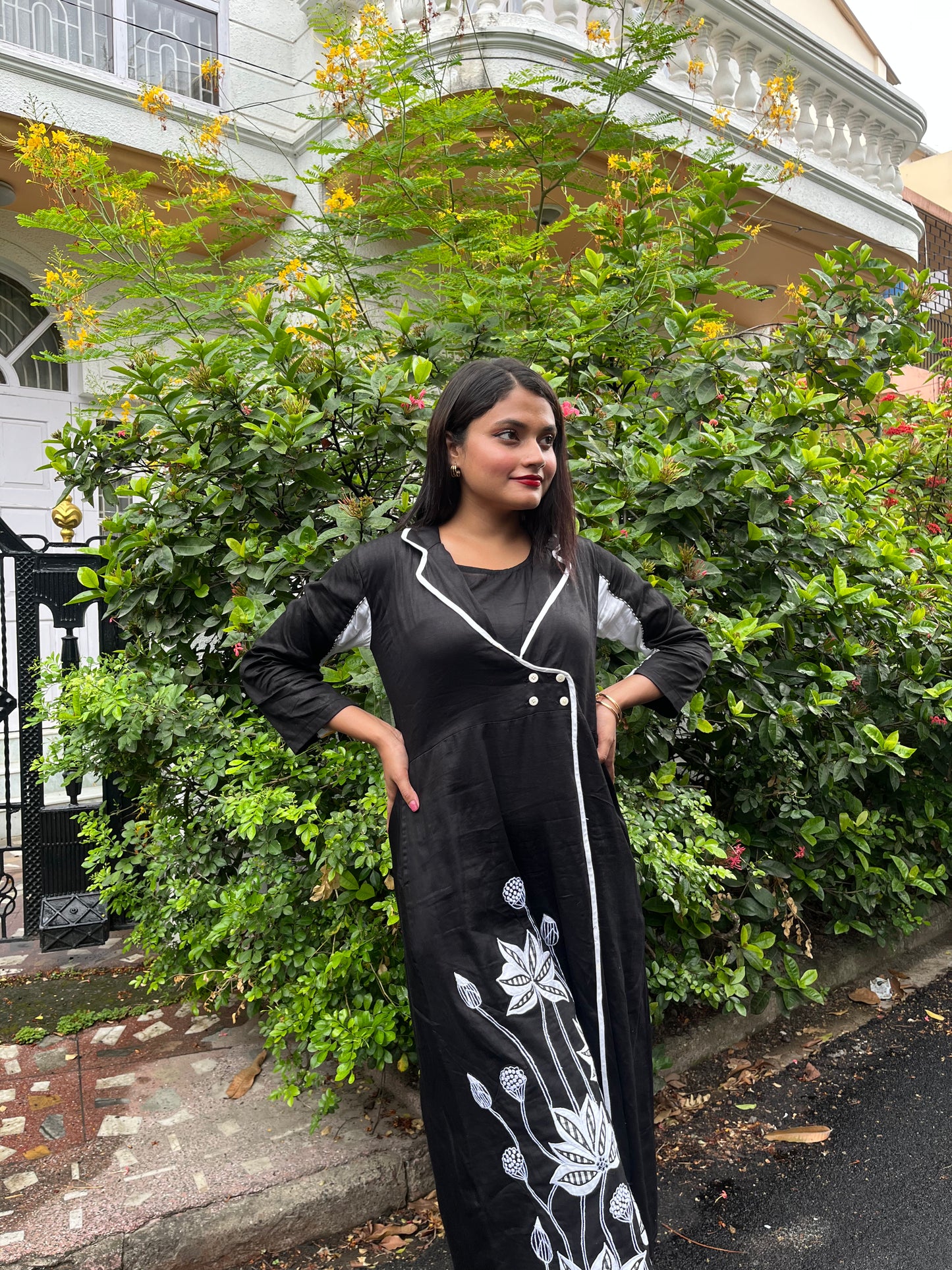 Pure cotton lapel  embroidered shirt dress BLACK