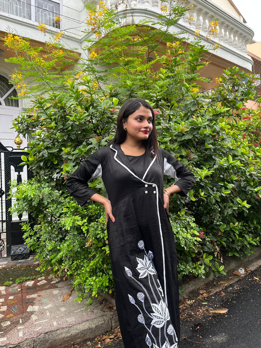 Pure cotton lapel  embroidered shirt dress BLACK