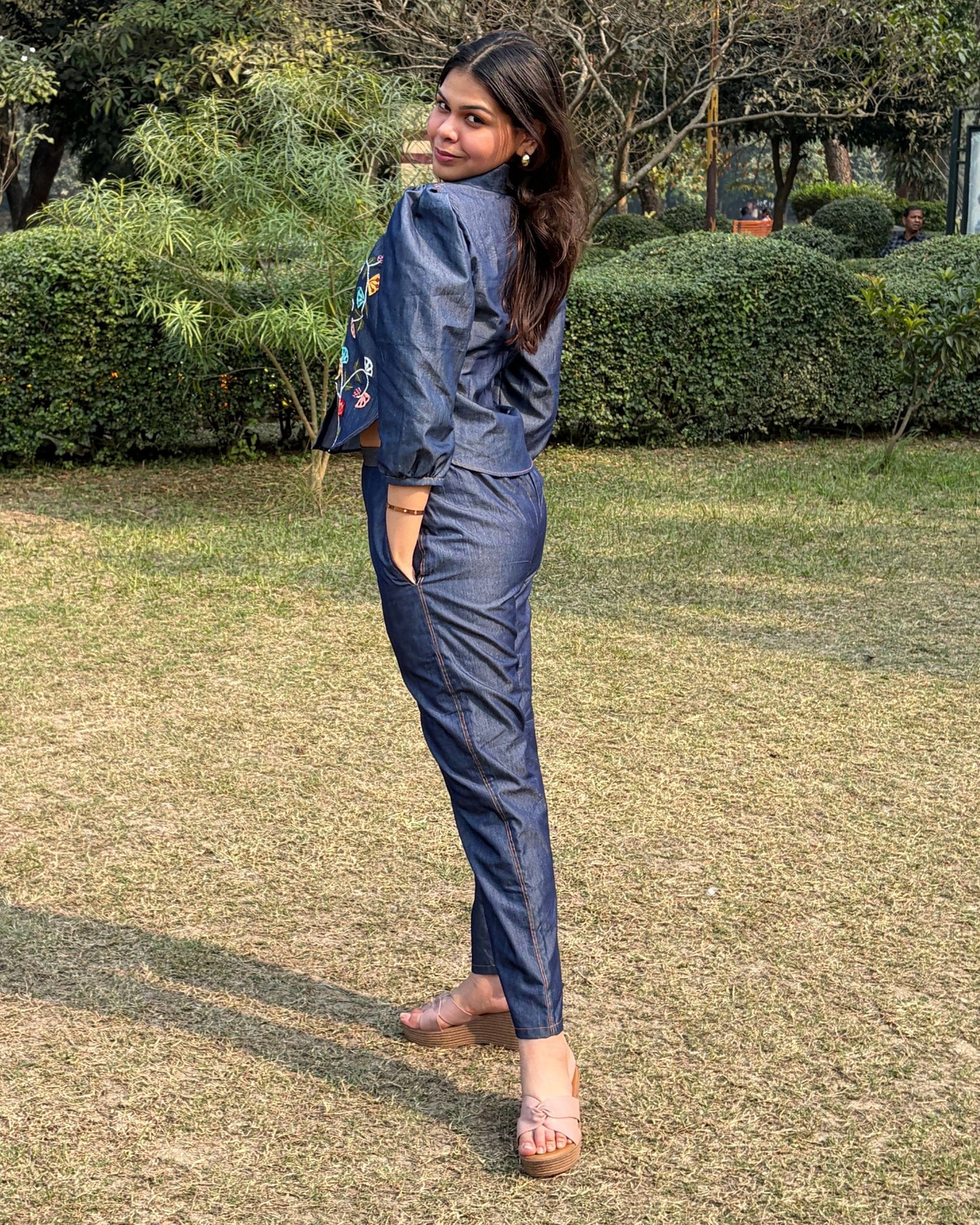 Women’s denim coord set with puffed sleeves and floral embroidery