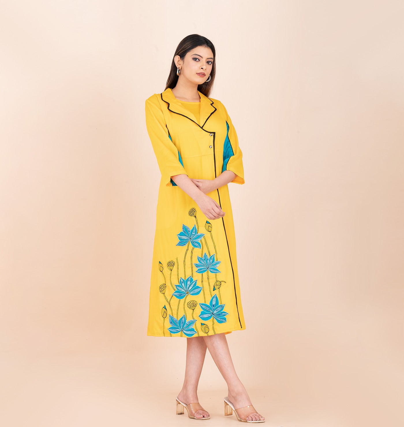 Pure cotton lapel  embroidered shirt dress