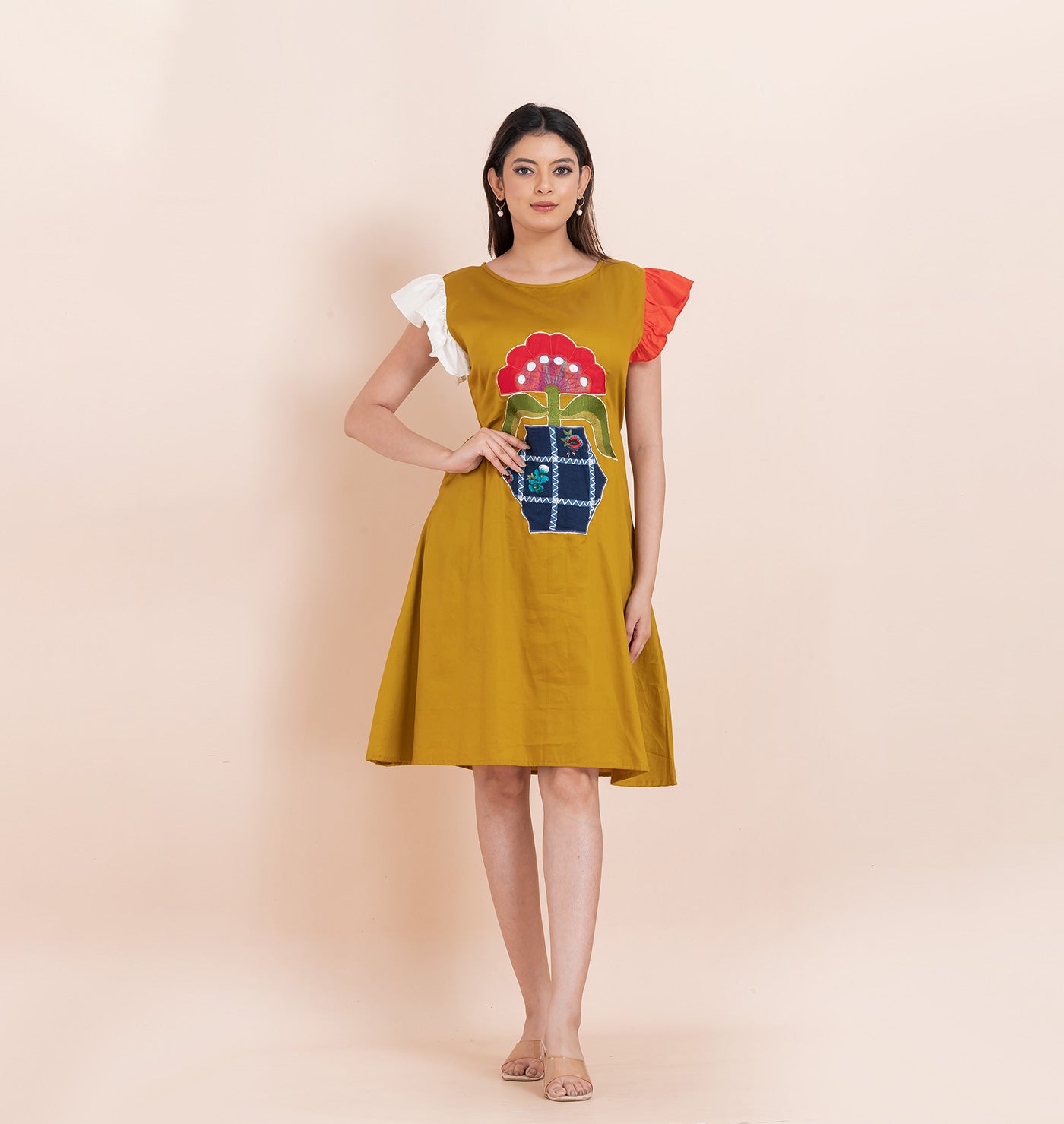 Olive applique skater dress