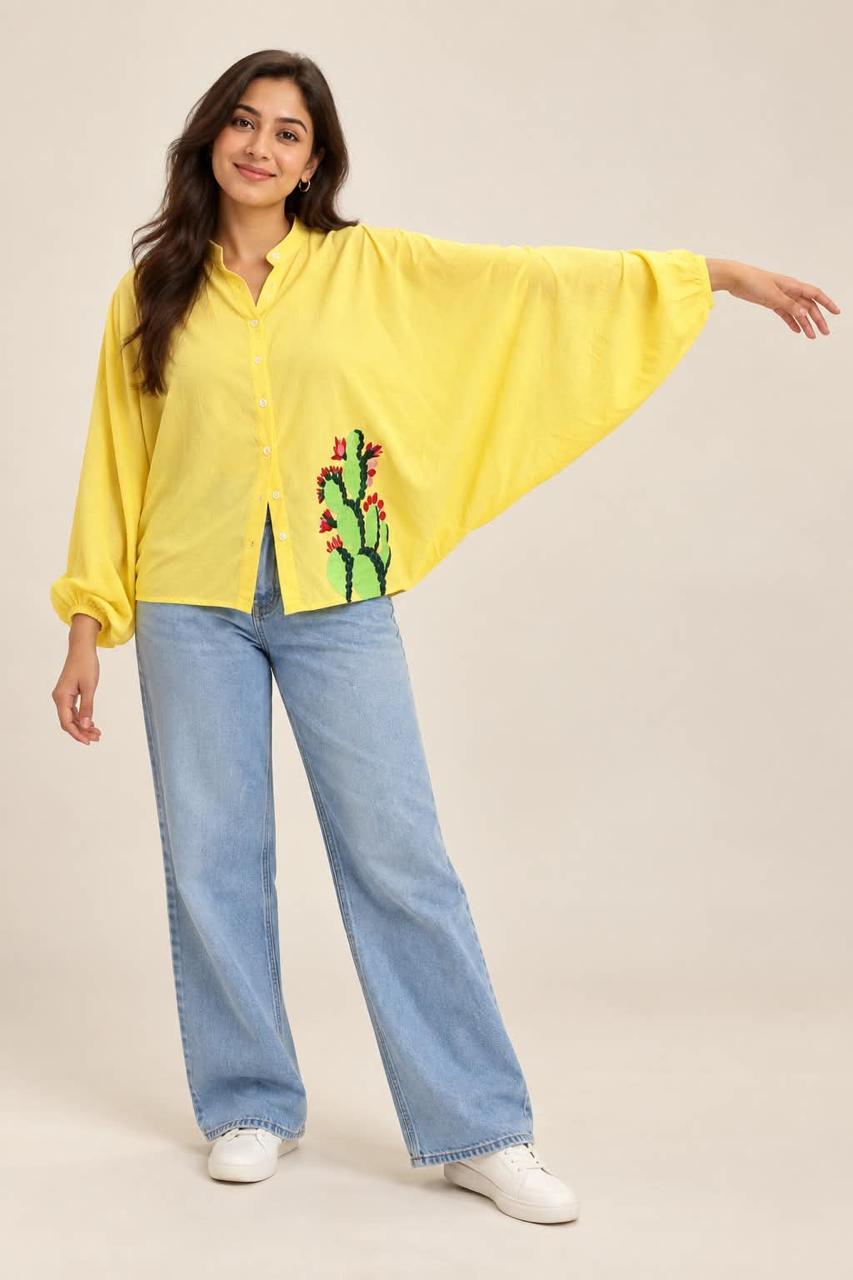 CACTUS CUTIE applique cotton womens batwing shirt.