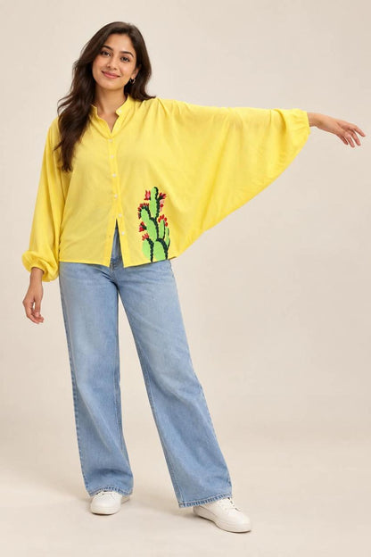 CACTUS CUTIE applique cotton womens batwing shirt.