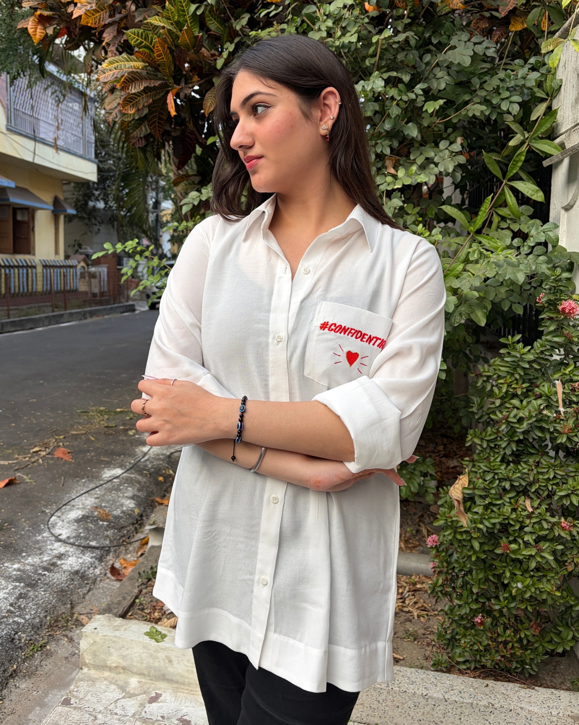 Statement cotton shirt for women with back applique and embroidery
