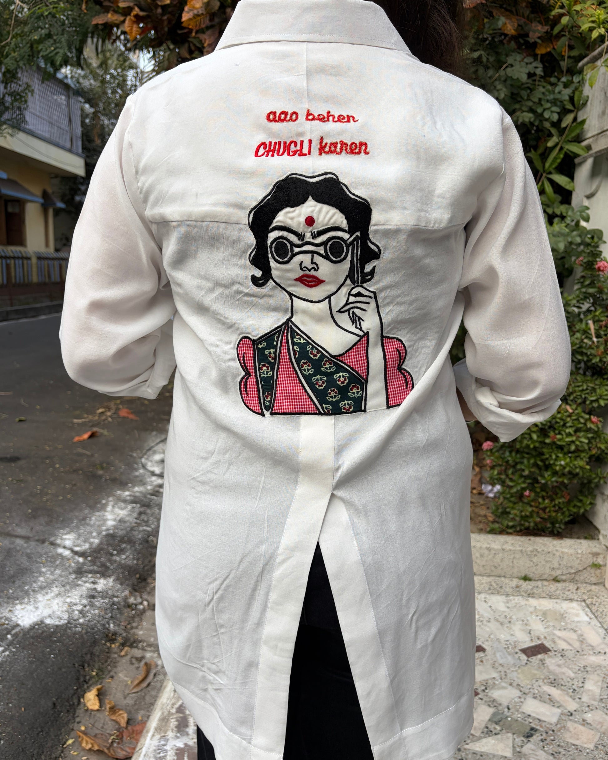 Statement cotton shirt for women with back applique and embroidery
