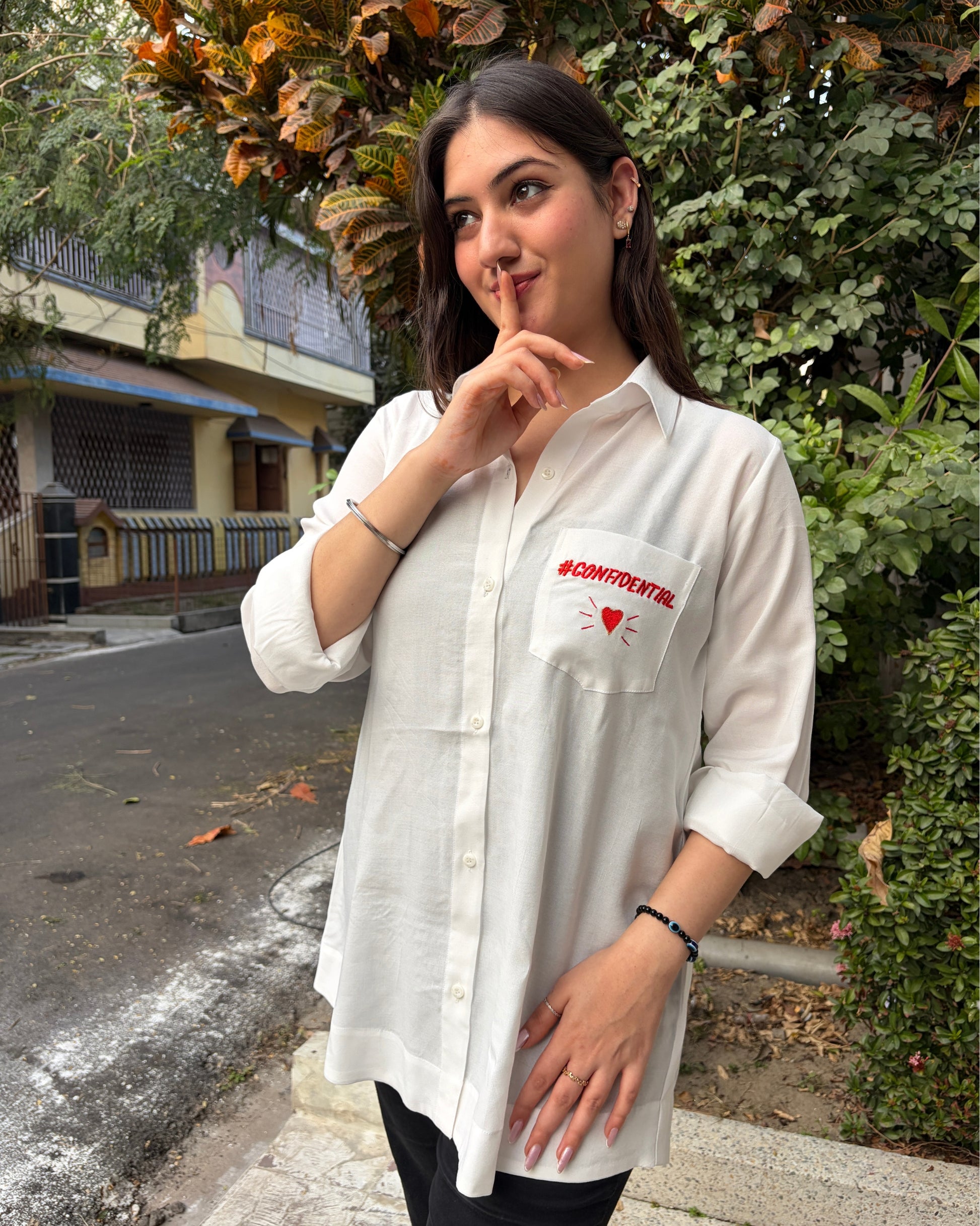 Statement cotton shirt for women with back applique and embroidery
