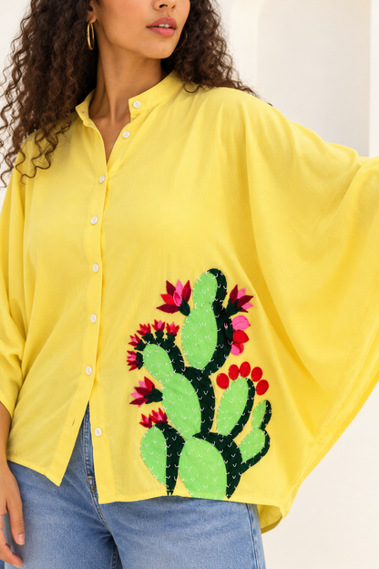 CACTUS CUTIE applique cotton womens batwing shirt.