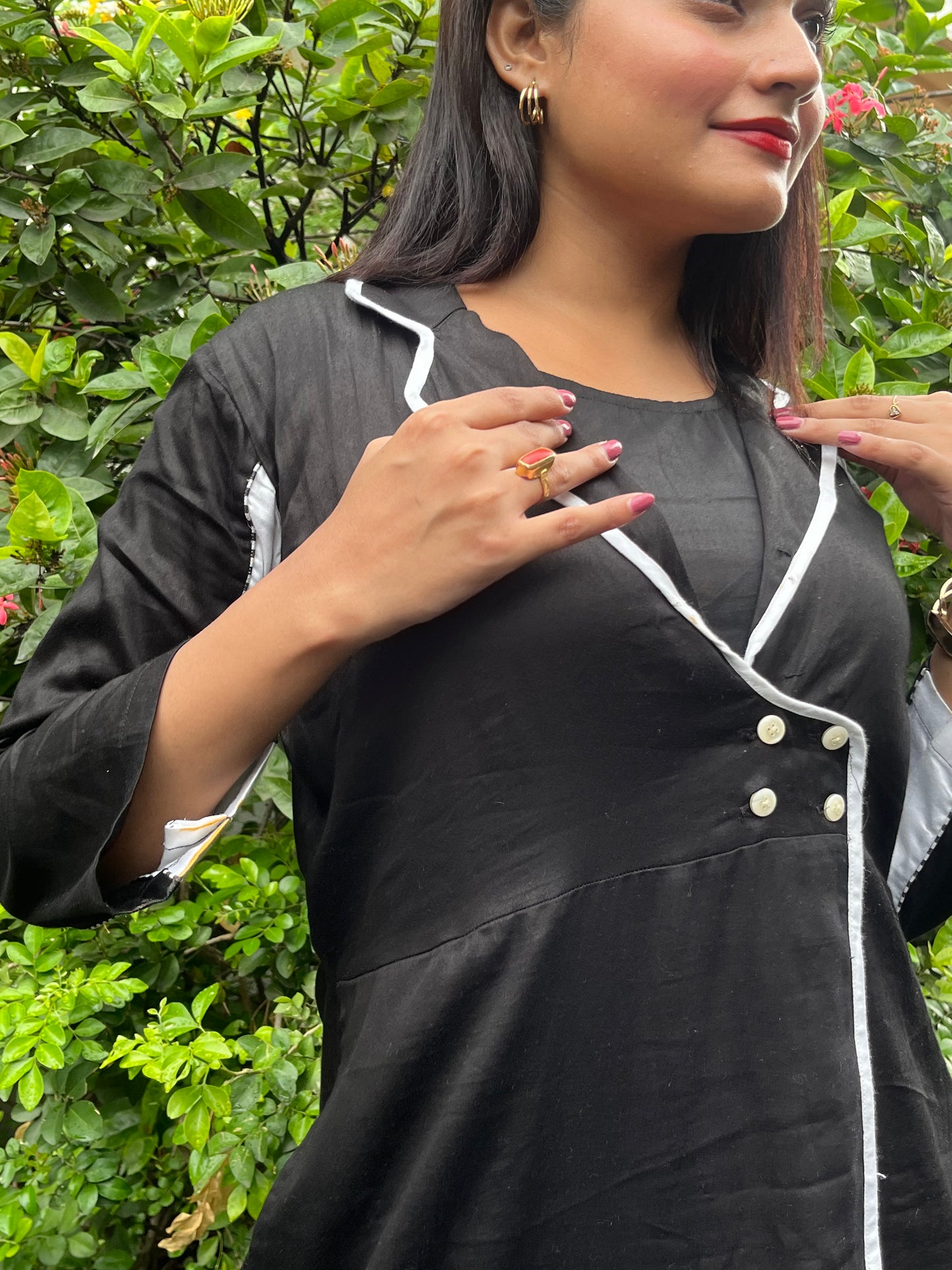 Pure cotton lapel  embroidered shirt dress BLACK