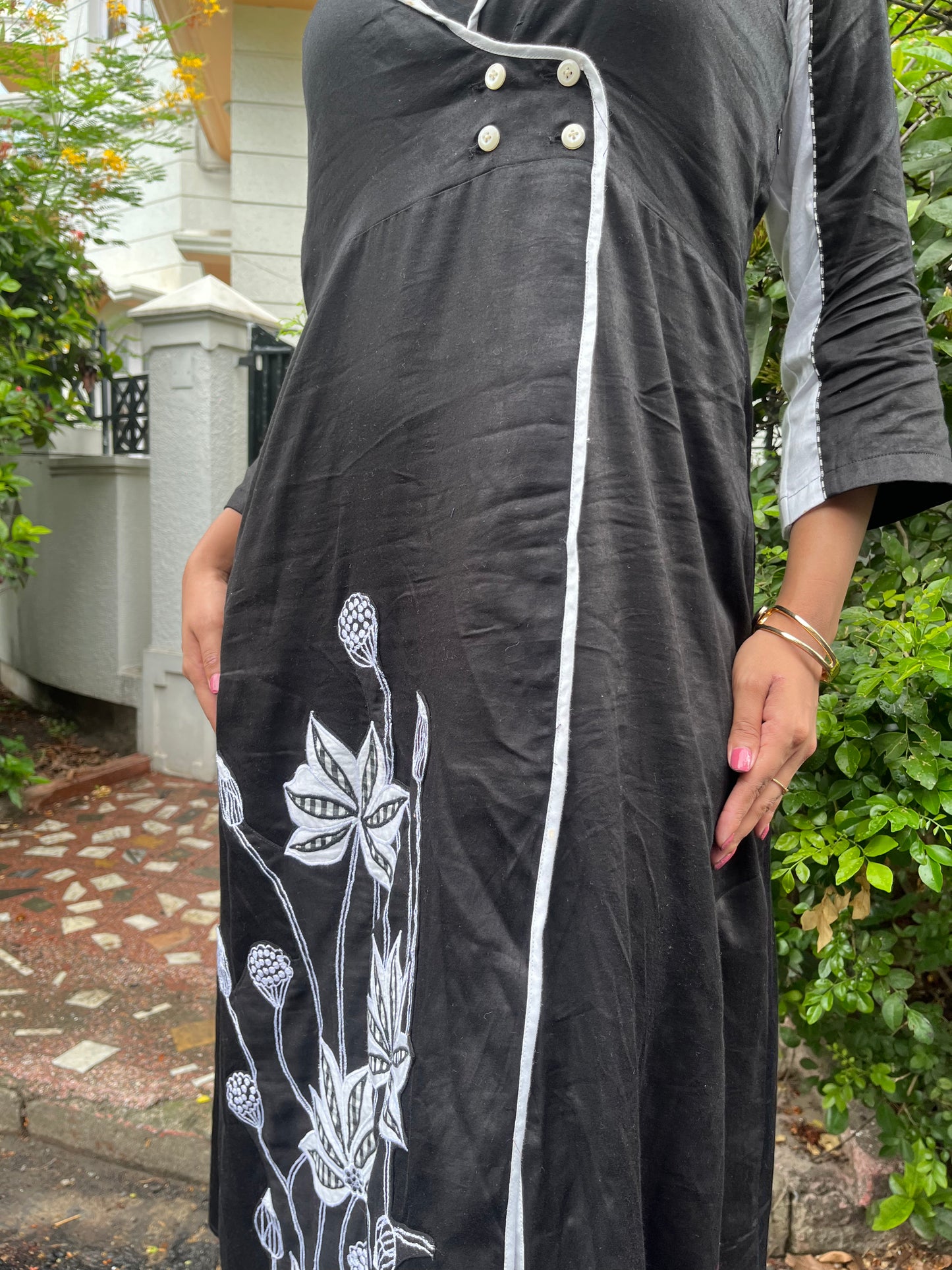 Pure cotton lapel  embroidered shirt dress BLACK