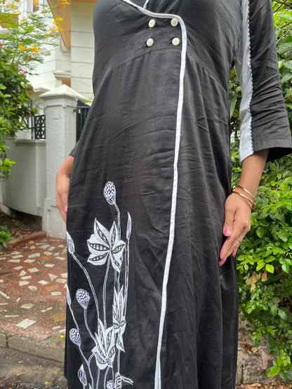 Pure cotton lapel  embroidered shirt dress BLACK