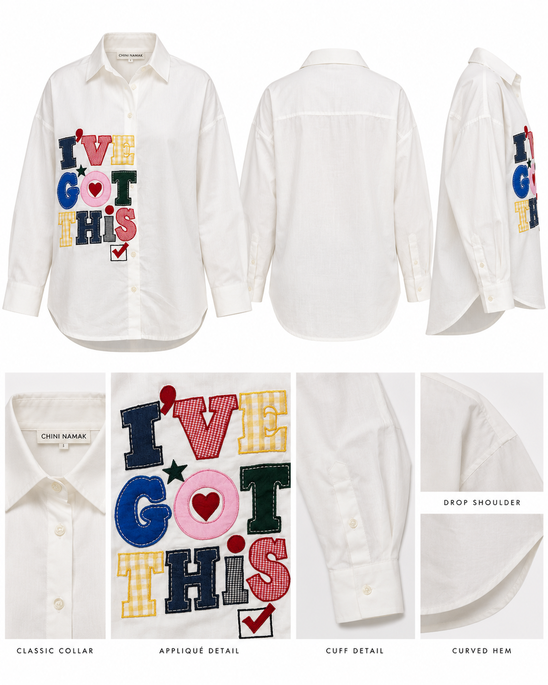 I'VE GOT THIS applique pure cotton oversize shirt for women.