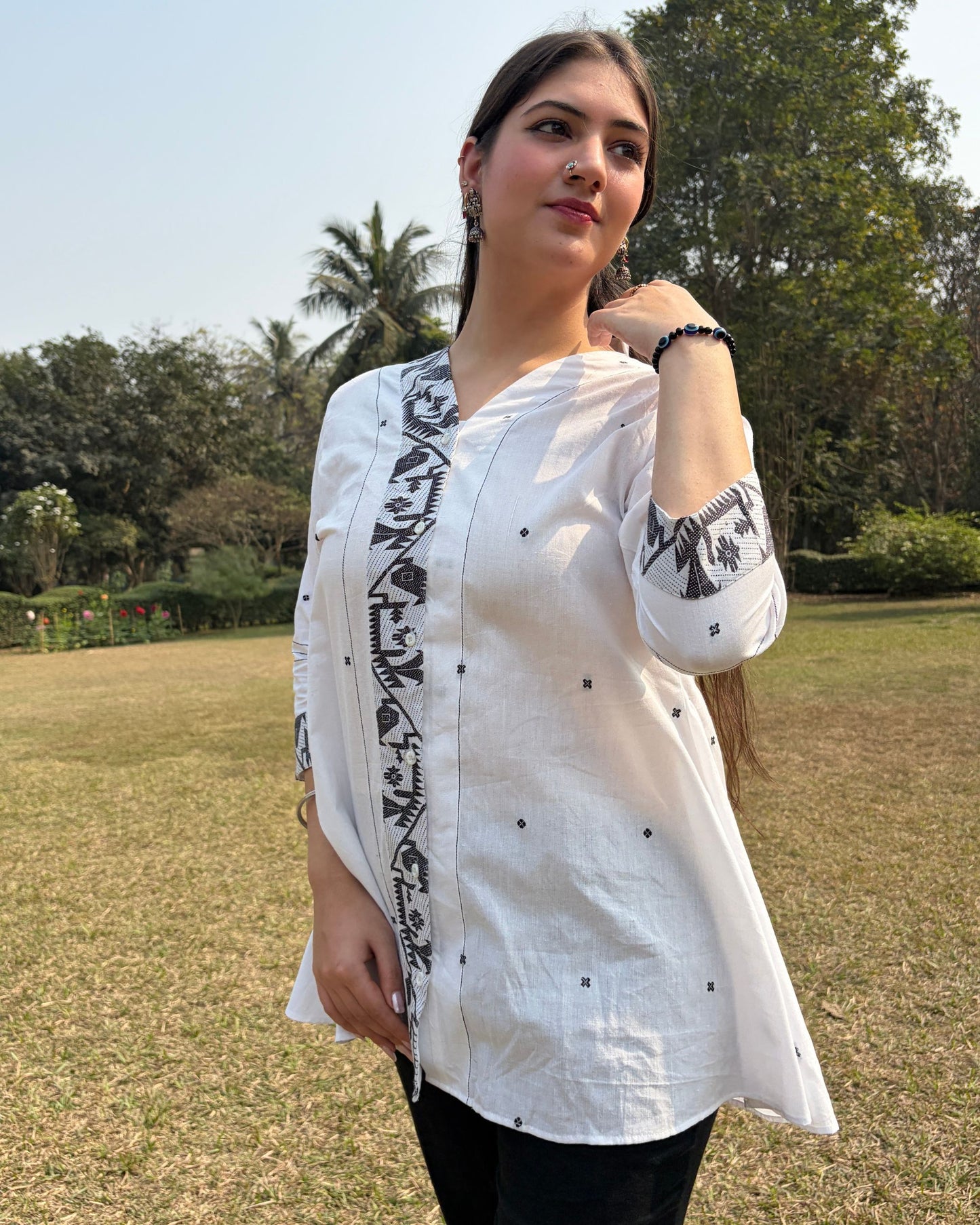 A line shirt made in Jaamdani fabric. 