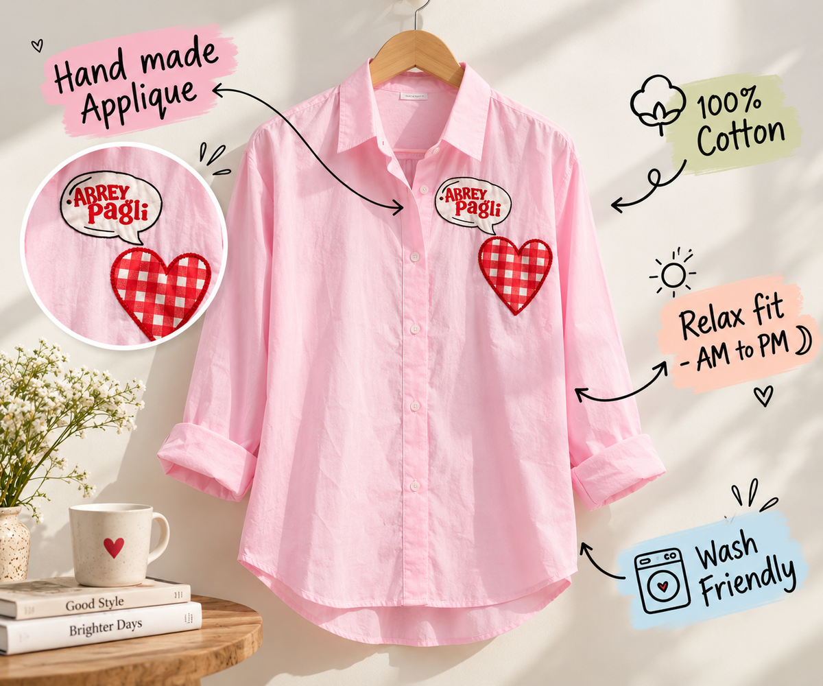 Arrey Pagli Pink Cotton Heart Appliqué statement Shirt