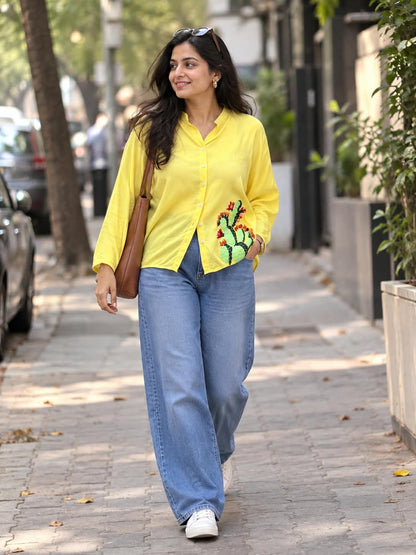 CACTUS CUTIE applique cotton womens batwing shirt.