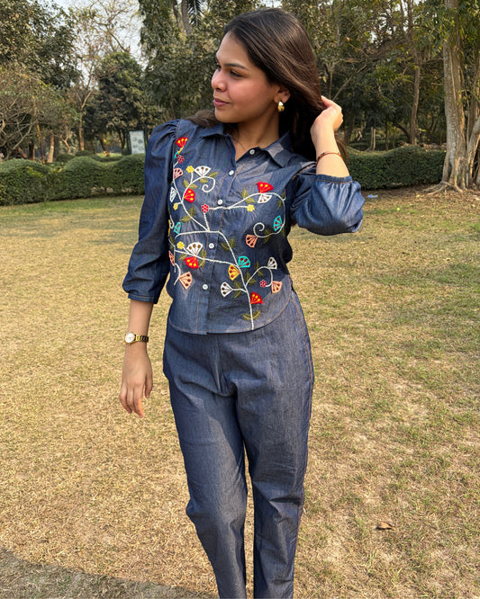 Women’s denim coord set with puffed sleeves and floral embroidery