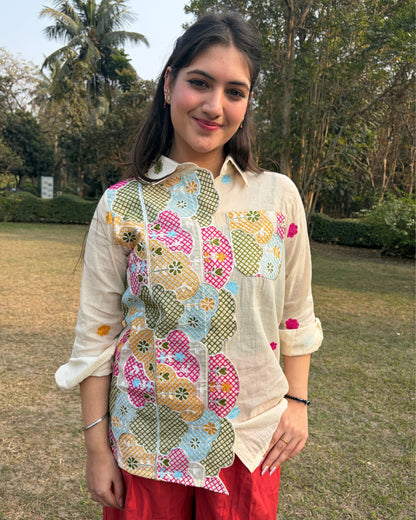 Embroidered Cotton shit with scallop placket