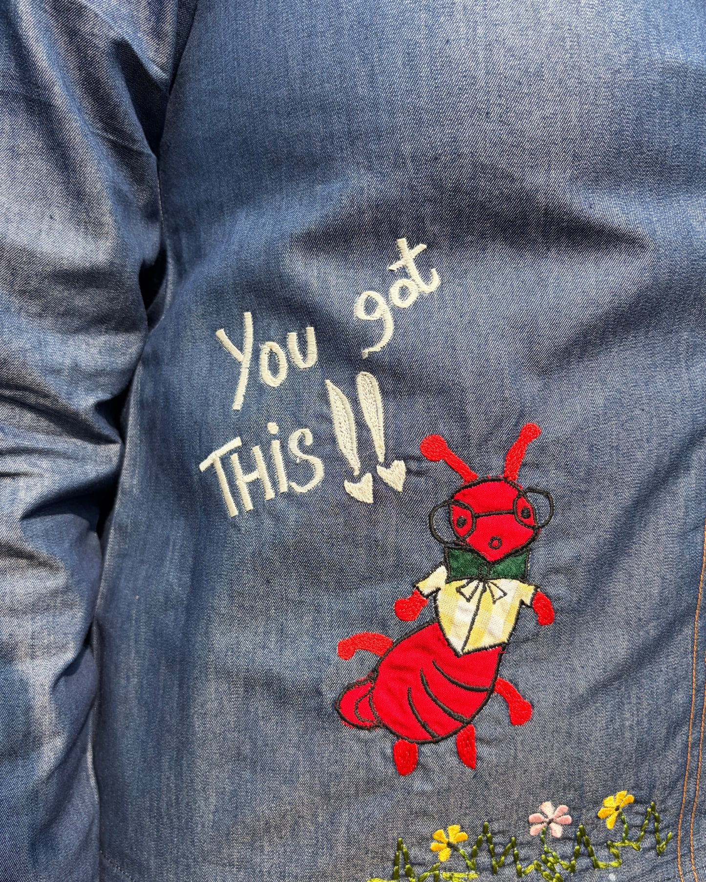 Statement embroidered denim shirt with lapel collar for women 
