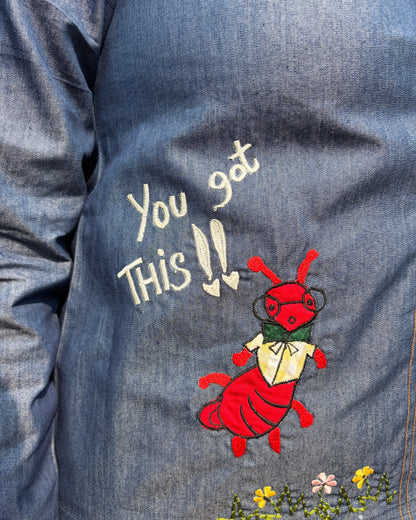 Statement embroidered denim shirt with lapel collar for women 
