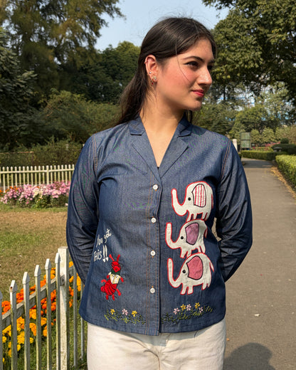 Statement embroidered denim shirt with lapel collar for women 
