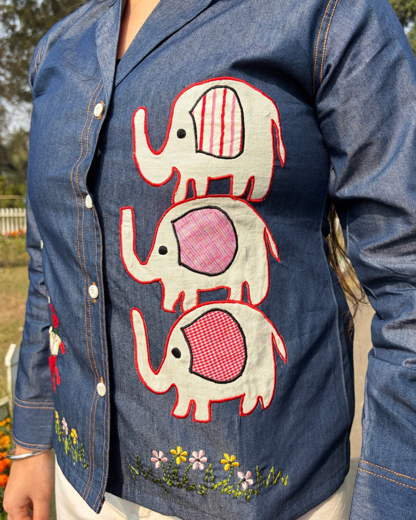 Statement embroidered denim shirt with lapel collar for women 