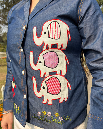 Statement embroidered denim shirt with lapel collar for women 