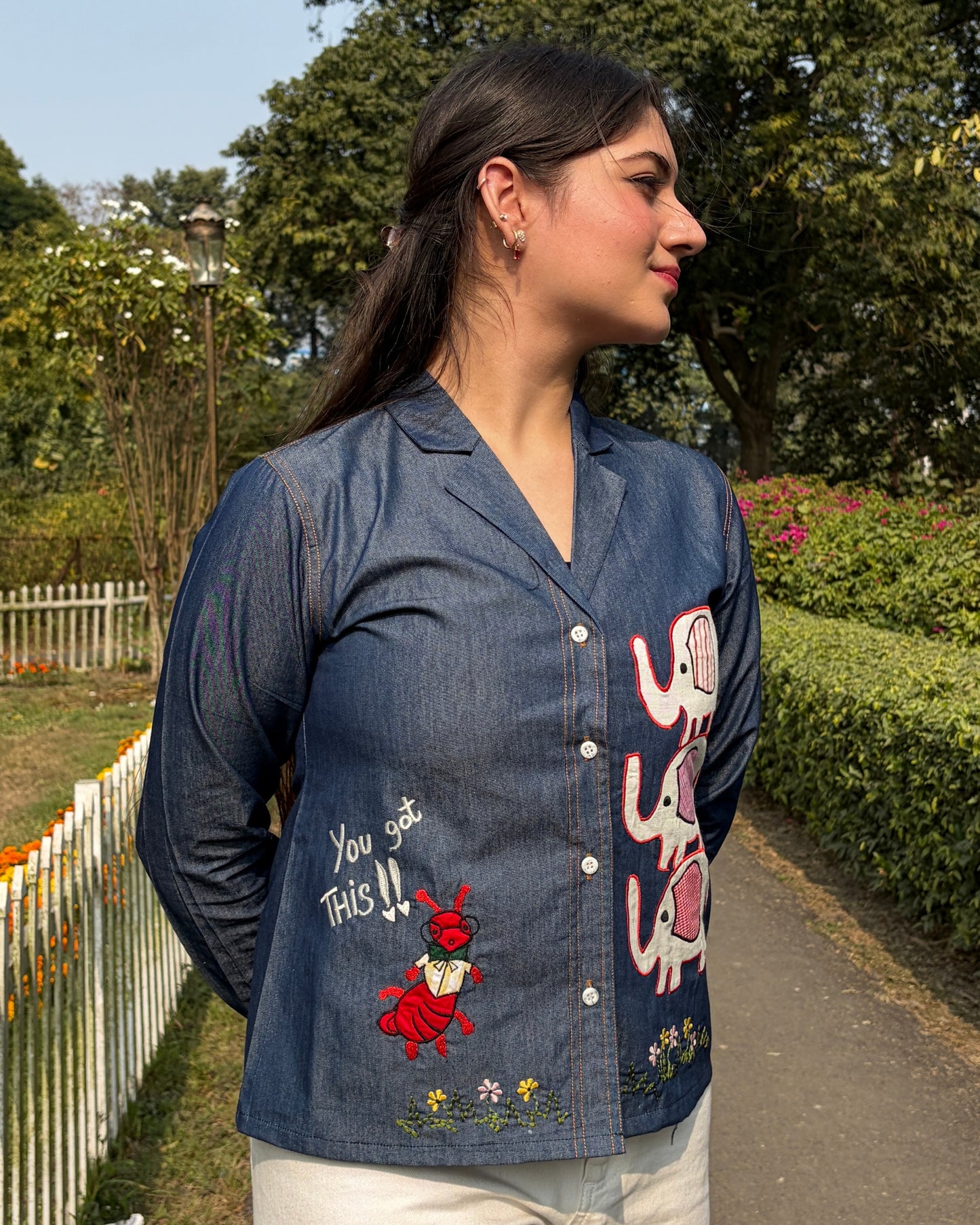 Statement embroidered denim shirt with lapel collar for women 
