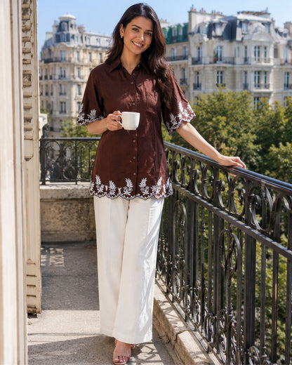 Mocha cord embroidery longline shirt