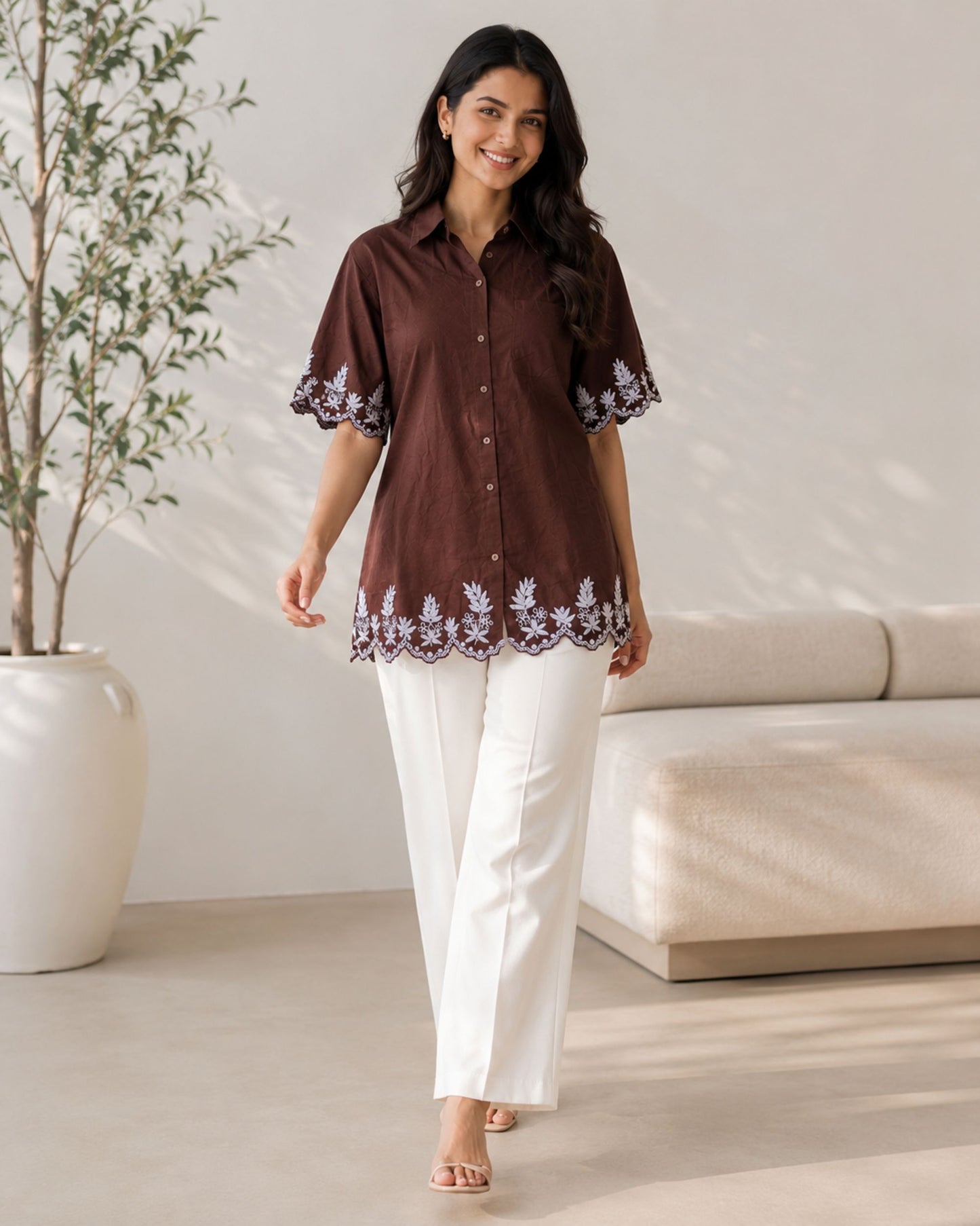 Mocha cord embroidery longline shirt