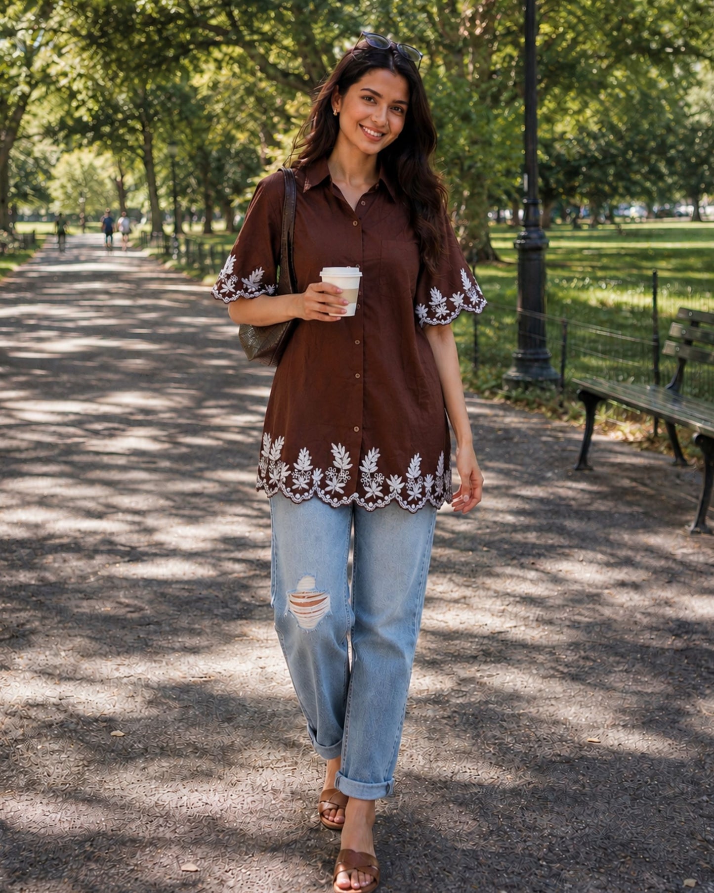 Mocha cord embroidery longline shirt
