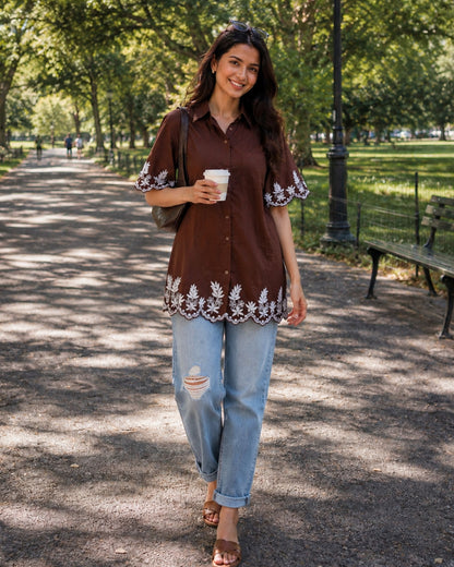 Mocha cord embroidery longline shirt