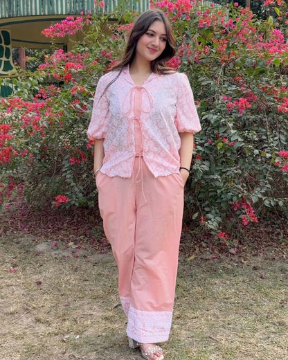 Peach pure cotton coord set for women with embroidery
