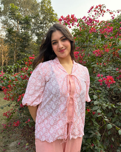 Peach pure cotton coord set for women with embroidery