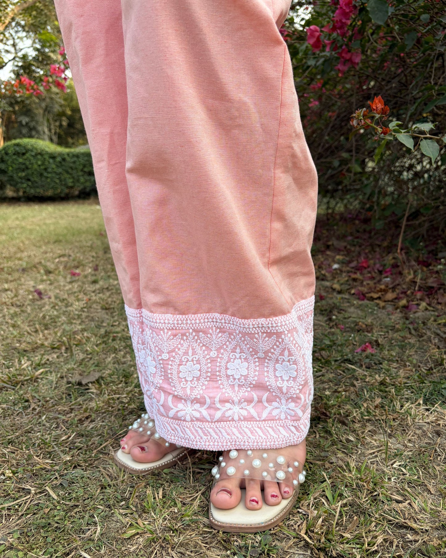 Peach pure cotton coord set for women with embroidery