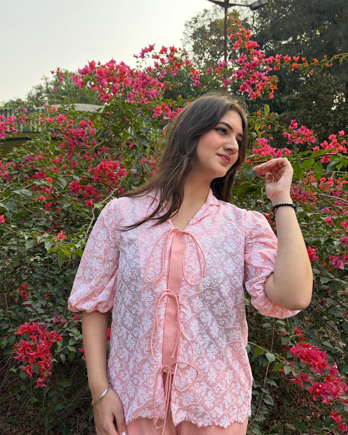 Peach pure cotton coord set for women with embroidery