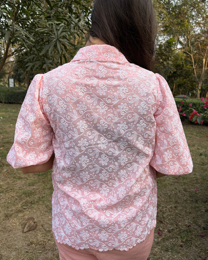 Peach pure cotton coord set for women with embroidery