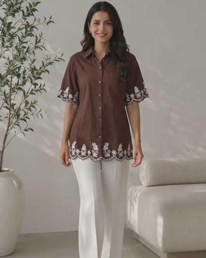 Mocha cord embroidery longline shirt